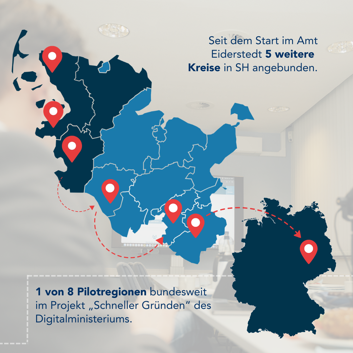 Grafik mit Karte von Schleswig-Holstein und Markierungen für angebundene Kreise sowie Hinweis auf „5 weitere Kreise in SH“ und „1 von 8 Pilotregionen“ im Projekt „Schneller Gründen“.
